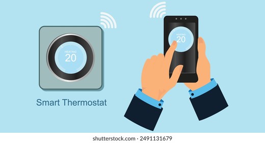 App Smart Home controlados por smartphone y dispositivos inteligentes, termostato en la casa, calefacción y climatización en un dispositivo digital. Ilustración vectorial.