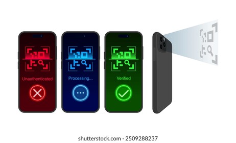Smartphone and Smart Device QR Code Scanning: Verify, Authenticate, and Process with On-Screen Indicators. Vector.