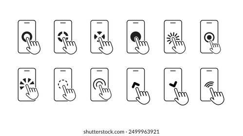 Smartphone and Smart Devices Touch Screen Icon Set - Vector Illustration of Finger Cursor Pressing Phone Display.