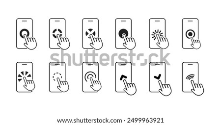 Smartphone and Smart Devices Touch Screen Icon Set - Vector Illustration of Finger Cursor Pressing Phone Display.