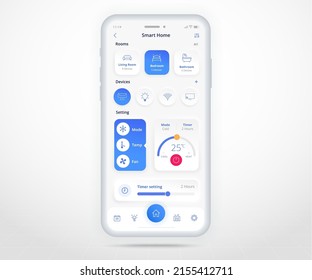 Smartphone smart home air conditioner controlled app UX UI, IOT Internet of things technology, Digital future home automation tech, smart devices application phone, Wifi lighting, vector illustration