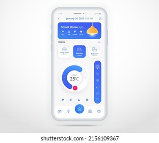 Smartphone smartphone aplicación controlada de aire acondicionado para el hogar inteligente UX UI, IOT Internet de las cosas tecnología, tecnología de automatización para el hogar para el futuro digital, teléfono de aplicación para dispositivos inteligentes, iluminación WiFi, ilustración vectorial