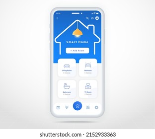 Smartphone smart home controlled app UX UI, IOT Internet of things technology, Digital future home automation tech, smart devices application phone, Room Wifi lighting heating air, vector illustration