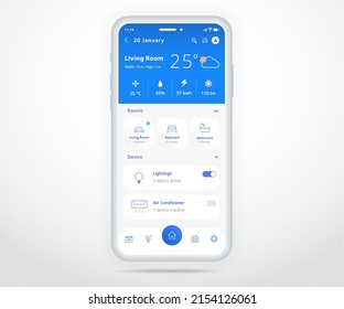 Smartphone smart home controlled app UX UI, IOT Internet of things technology, Digital future home automation tech, smart devices application phone, Wifi cctv lighting heating air, vector illustration