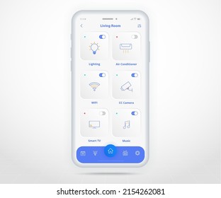 Smartphone aplicación de control residencial inteligente UX UI, Internet IOT de las cosas tecnología, tecnología de automatización del hogar para el futuro digital, teléfono de aplicación para dispositivos inteligentes, aire de calefacción de iluminación Wifi cctv, ilustración vectorial