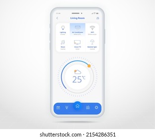 Smartphone smart home controlled app UX UI, IOT Internet of things technology, Digital future home automation tech, smart devices application phone, Wifi cctv lighting heating air, vector illustration