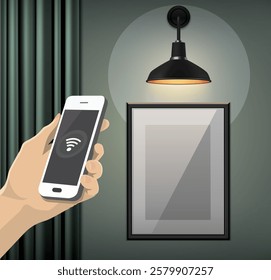 Smartphone smart home controlled Smart bulb, IOT Internet of things technology, Digital future home automation tech, smart devices application phone, vector illustration