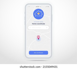 Smartphone smart home map gps search controlled app UX UI, IOT Internet of things technology, Home coordinate, Digital future home automation tech, smart devices application phone, vector illustration