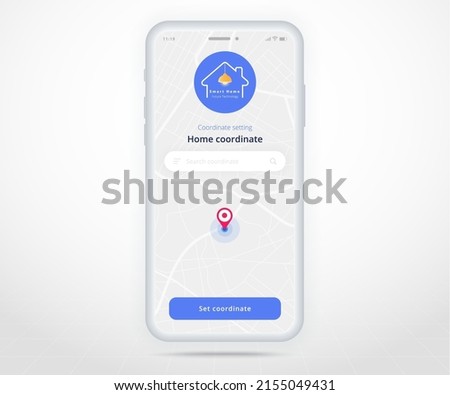 Smartphone smart home map gps search controlled app UX UI, IOT Internet of things technology, Home coordinate, Digital future home automation tech, smart devices application phone, vector illustration