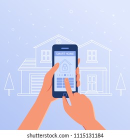 Un smartphone con interfaz de sistema de seguridad para el hogar inteligente. Casa inteligente, internet de cosas, seguridad de propiedad privada y concepto de vigilancia inteligente. Acceso remoto. Ilustración de diseño plana vectorial.