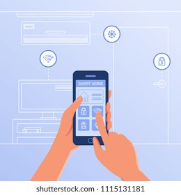 A Smartphone With Smart Home Settings And Controllers System. Smart House, Internet Of Things, Wireless Device Connection, Mobile Control Panel, Remote Access Concept. Vector Flat Design Illustration.