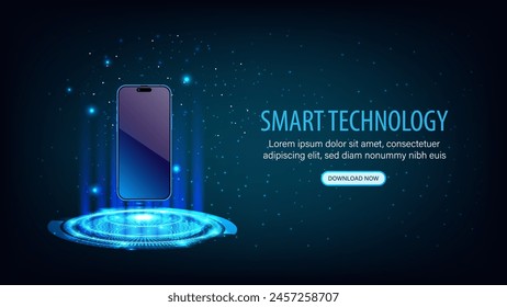 Smartphone and smart mobile phone with Neon Light, Digital Screen Hologram Podium, and Floating Mockup on a Futuristic Neon Stage. Vector