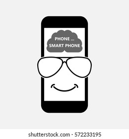 Smartphone, smart phone vector illustration, icon with glasses and brain tags Isolated on white background. Mobile phone call screen. Banner.