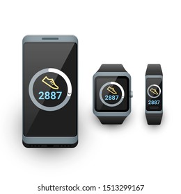 Smartphone, Smart Watch And Activity Fitness Tracker With Steps Counter App On Screen. Vector Illustration