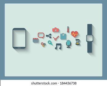 Smartphone and smart watch concept with icons in modern flat design. Eps10 vector illustration