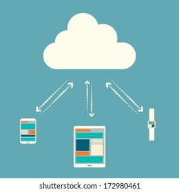 Smartphone, smart watch and tablet synchronizing infographics elements. Eps10 vector illustration.