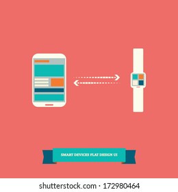 Smartphone, smart watch and tablet synchronizing infographics elements. Eps10 vector illustration.