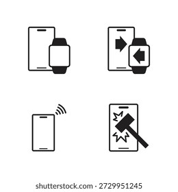 Smartphone smartwatch and broken screen glyph icon collection