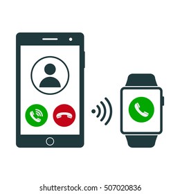 Smartphone and smartwatch with incoming call on display vector isolated illustration.