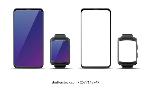 Smartphone and smartwatch layout. Realistic isolated smartphone and sport smartwatch. Empty white device screen, application mockup. 3d technology, wristband interface elements. Vector set