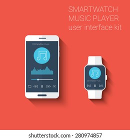 Smartphone and smartwatch music player user interface icons kit. Wearable technology concept in modern flat design. Eps10 vector illustration.