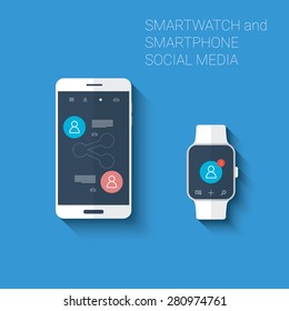 Smartphone and smartwatch social media networks user interface icons kit. Wearable technology concept in modern flat design. Eps10 vector illustration