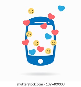 Smartphone with smile, like and notification icons. Vector illustration