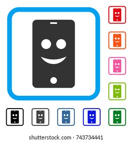 Smartphone Smile Smiley icon. Flat grey pictogram symbol in a blue rounded squared frame. Black, gray, green, blue, red, orange color additional versions of Smartphone Smile Smiley vector.