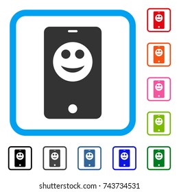 Smartphone Smiley icon. Flat grey pictogram symbol inside a blue rounded square. Black, gray, green, blue, red, orange color variants of Smartphone Smiley vector. Designed for web and software UI.