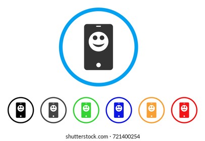 Smartphone Smiley rounded icon. Style is a flat smartphone smiley grey symbol inside light blue circle with black, gray, green, blue, red, orange color versions.