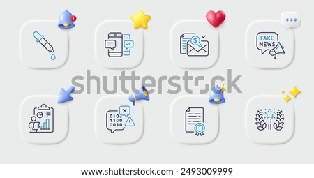 Smartphone sms, Certificate diploma and Binary code line icons. Buttons with 3d bell, chat speech, cursor. Pack of Report, Fake news, Chemistry pipette icon. Vector