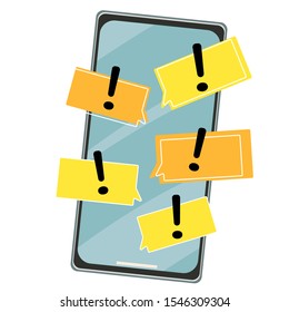Smartphone with SMS correspondence and exclamation marks on a yellow background. Concept of problems at work or angry letters. Vector illustration in cartoon flat style.