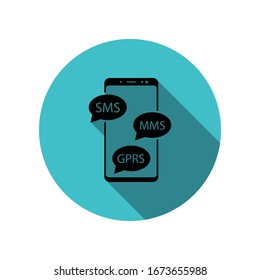 Smartphone, sms, mms, gprs icono de sombra larga. Glifo simple, vector plano de iconos de concepto móvil para ui y ux, sitio web o aplicación móvil