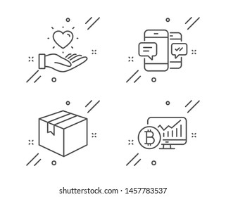 Smartphone sms, Parcel and Hold heart line icons set. Bitcoin chart sign. Mobile messages, Shipping box, Love brand. Cryptocurrency statistics. Business set. Line smartphone sms outline icon. Vector