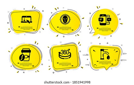 Smartphone sms, Scroll down and Face detect icons simple set. Yellow speech bubbles with dotwork effect. Takeaway coffee, 360 degrees and Tap water signs. Vector