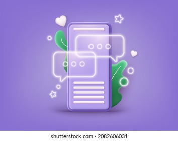Smartphone sms speech bubbles push alerts on screen, digital or electronic chatting on cellphone. 3D Web Vector Illustrations. 