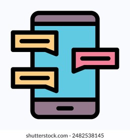 Smartphone Sms Speech Bubbles Push Alerts On Screen, Digital Or Electronic Chatting On Cellphone, Isolated Lineal Color Vector Icon.