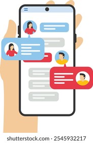 Smartphone sms speech bubbles push alerts on screen, digital or electronic chatting on cellphone. Online chat messages text notification on mobile phone. Vector illustration in flat style.

