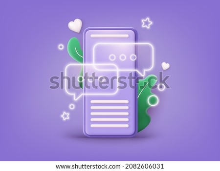 Smartphone sms speech bubbles push alerts on screen, digital or electronic chatting on cellphone. 3D Web Vector Illustrations. 
