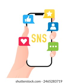 Smartphone SNS web icons. Enjoying SNS. Communication between online users. Business marketing social presentation management. Vector illustration