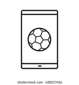 Smartphone soccer game linear icon. Sport bets app. Thin line illustration. Smart phone with football ball contour symbol. Vector isolated outline drawing