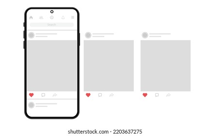 Smartphone social media design concept with interface social network posts vector illustration modern flat design on white background.