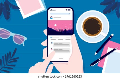 Smartphone with social media - Hands using mobile phone reading and looking at pictures over table with coffee and sunglasses. First person view. Vector illustration.