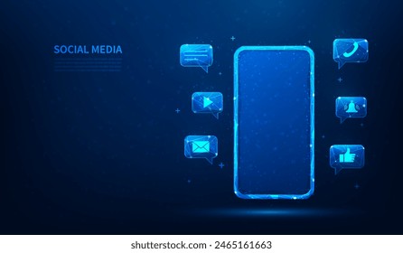 smartphone and social media icon digital technology blue background. mobile element mail, message, video, like icon. vector illustration fantastic poly wireframe.