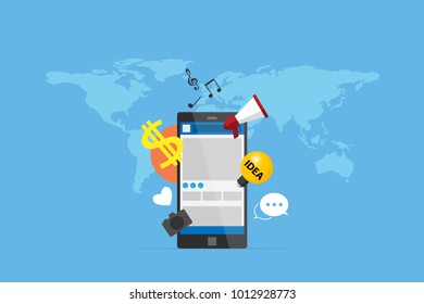 smartphone with social media icons, social network and business concept