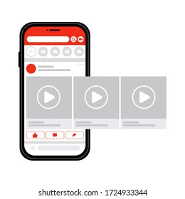 Smartphone With Social Media Interface, Video Carousel Post On Social Network. You Tube. Vector Illustration