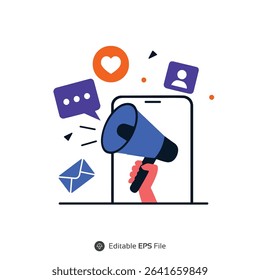 Smartphone Social Media Marketing Announcement Blue Megaphone Hand Orange Heart Purple Icons
