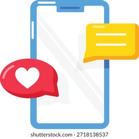 Smartphone con burbujas de notificación de redes sociales. Icono de Vector plano con un teléfono móvil con un símbolo de corazón y un cuadro de chat de mensaje de texto. Concepto para marketing móvil, redes sociales, citas en línea y comunicación digital. 