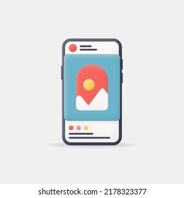 Smartphone with social media post. 3d vector Illustration.