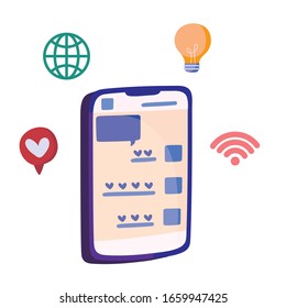 smartphone with social media related icons around over white background, vector illustration